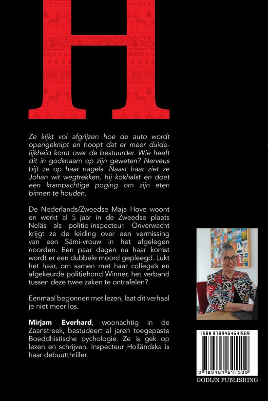 Achterkant van het boek met tekst en een foto van Mirjam Everhard met bril en kleurrijke jas. De ISBN is 9789464641509.