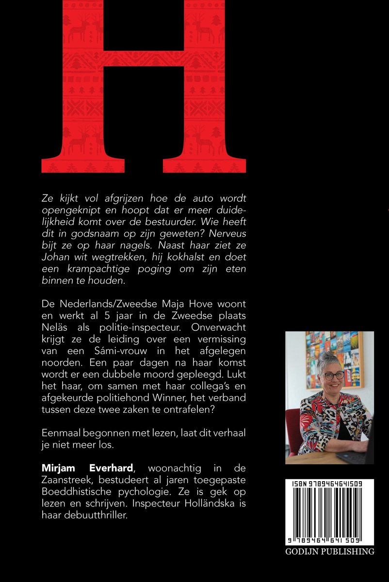 Achterkant van het boek met tekst en een foto van Mirjam Everhard met bril en kleurrijke jas. De ISBN is 9789464641509.