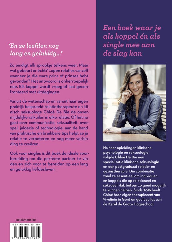 Boekomslag achterkant met foto van Chloé De Bie. Tekst beschrijft de inhoud van het boek en de auteur.
