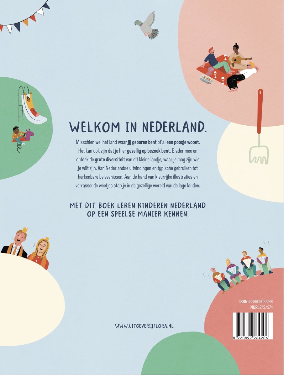 Achterkant van het boek 'WELKOM IN NEDERLAND'. Tekst en illustraties van kinderen en Nederlandse iconen.