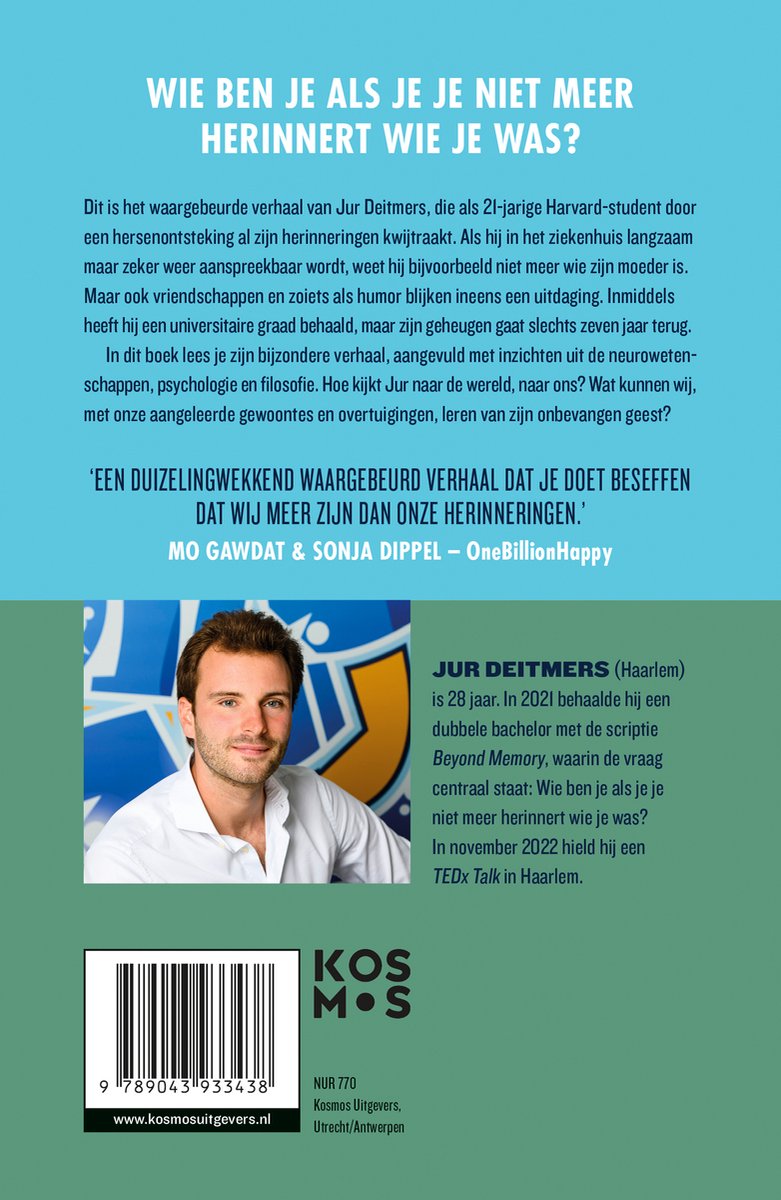 JUR DEITMERS (Haarlem) is 28 jaar. In 2021 behaalde hij een dubbele bachelor met de scriptie Beyond Memory, waarin de vraag centraal staat: Wie ben je als je je niet meer herinnert wie je was? In november 2022 hield hij een TEDx Talk in Haarlem.