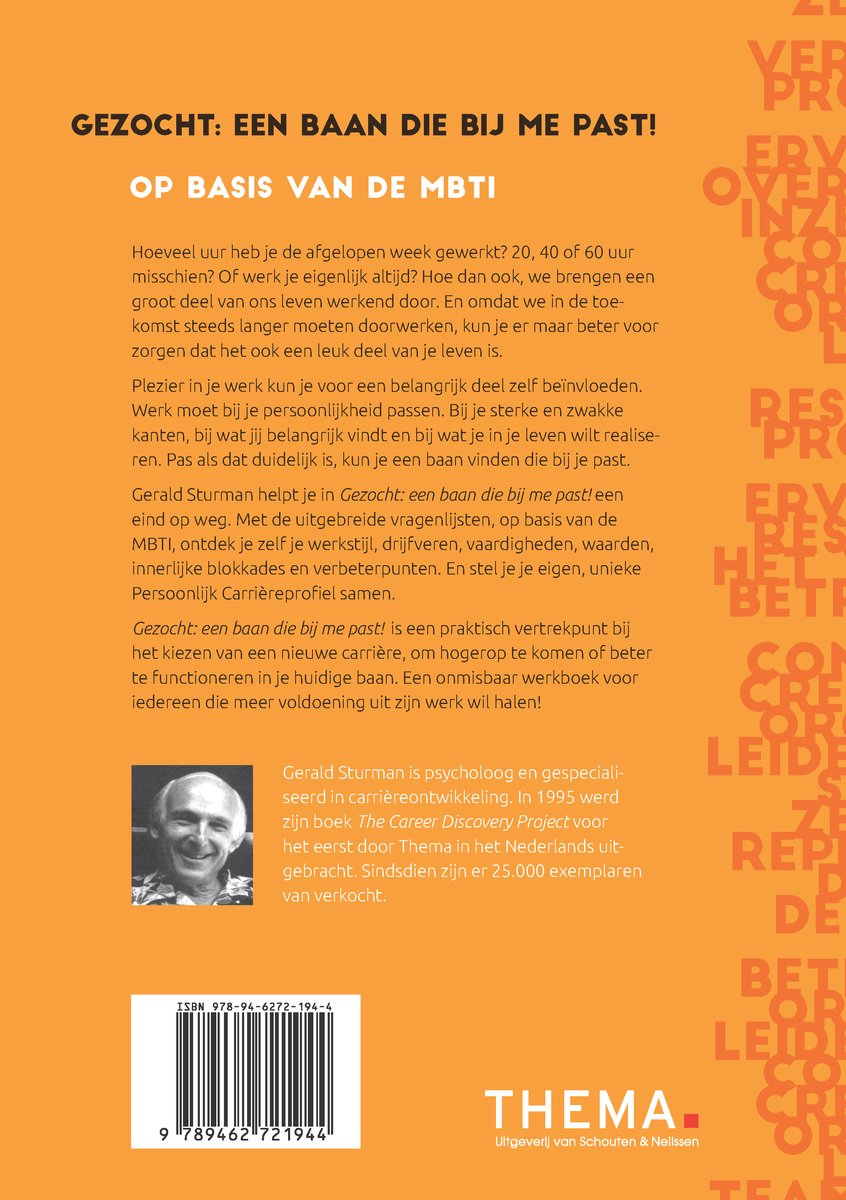 Boek 'Gezicht: een baan die bij me past!' met foto van auteur Gerald Sturman. ISBN nummer zichtbaar.