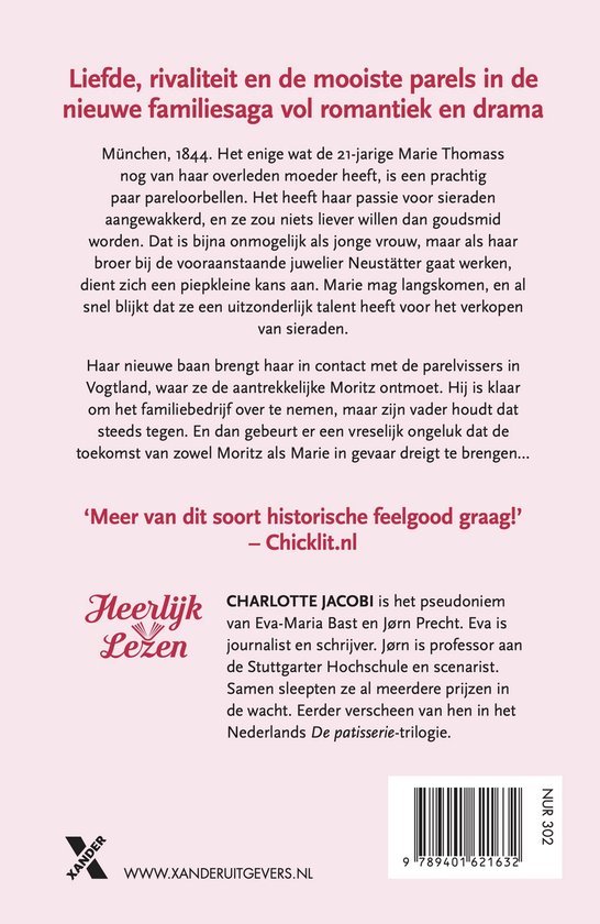 Boekomslag met titel 'Liefde, rivaliteit en de mooiste parels in de nieuwe familiesaga vol romantiek en drama'.