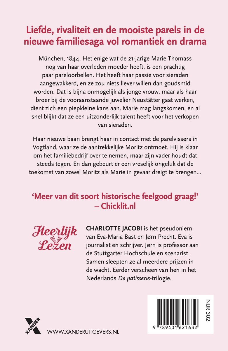Boekomslag met titel 'Liefde, rivaliteit en de mooiste parels in de nieuwe familiesaga vol romantiek en drama'.
