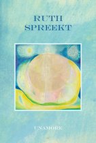 Boekomslag "Ruth Spreekt" met abstracte, spirituele illustratie in blauw-gele tinten.