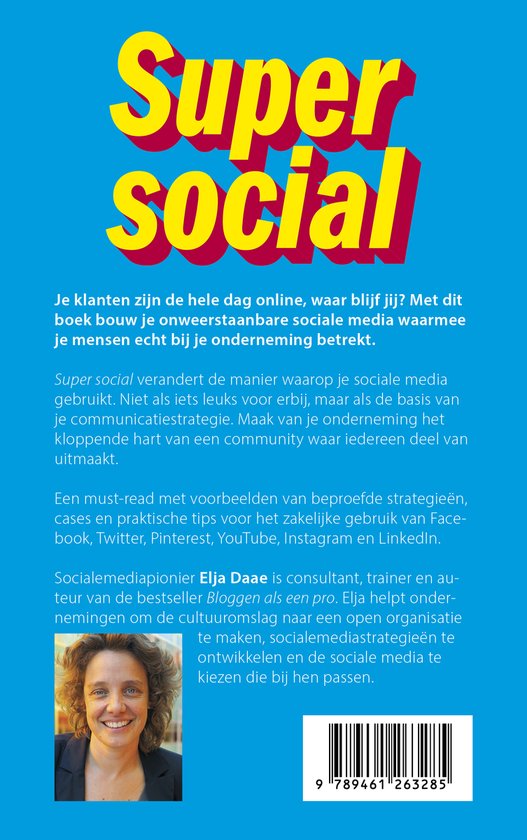 Boek 'Super social' met gele en rode letters. Een foto van Elja Daae, de auteur, staat op de kaft.