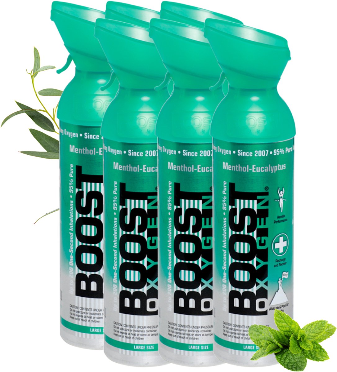 Boost Oxygen - Large 9L- Menthol-Eucalyptus - 95% Pure Zuurstof - Tot wel 1200 inhalaties van 1 sec - Ademhalingsondersteuning voor sport herstel, hoogte, prestaties en gezondheid - Zuurstoffles - 6x 9L (6 pak, 54L totaal)