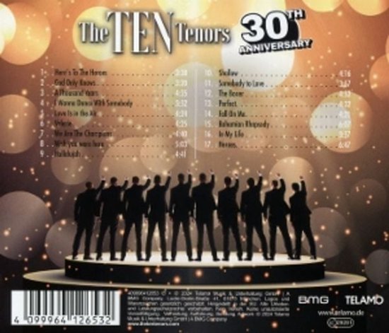 Achterkant hoes met tracklist en 10 mannen in pak op podium. 'The TEN Tenors 30th ANNIVERSARY'.