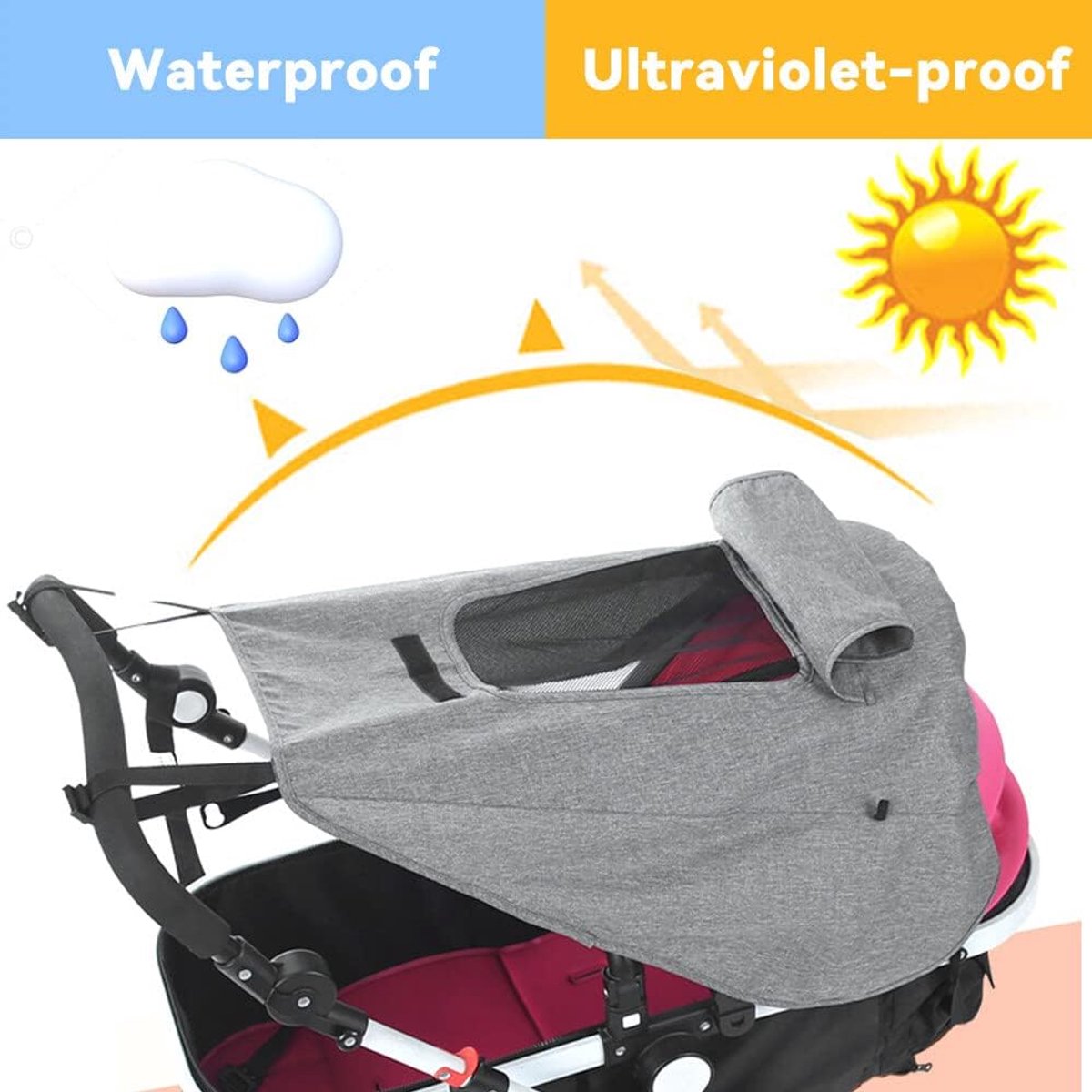Voile D’Ombrage Universelle Poussette – UPF 50+ Protection Solaire – Étanche Avec Fenêtre Vue Bébé – Gris Réglable