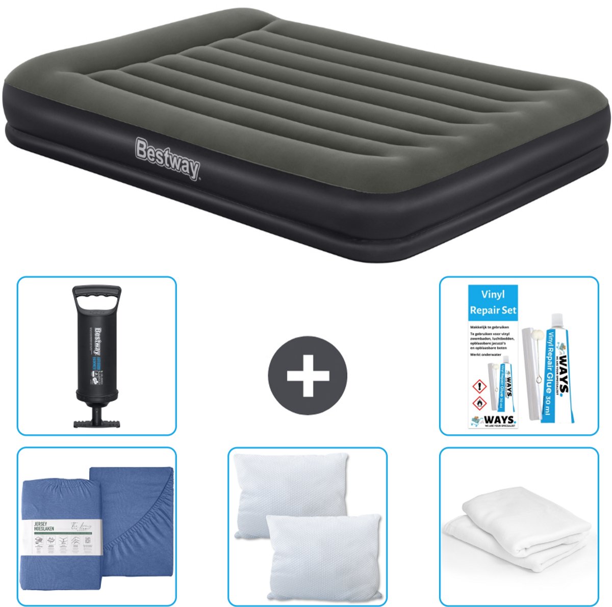 Bestway luchtbed - 2-Persoons - 152 x 203 x 36 cm - Groen - Inclusief Hoeslaken - Kussen - Kussenbeschermer - Pomp en Reparatieset