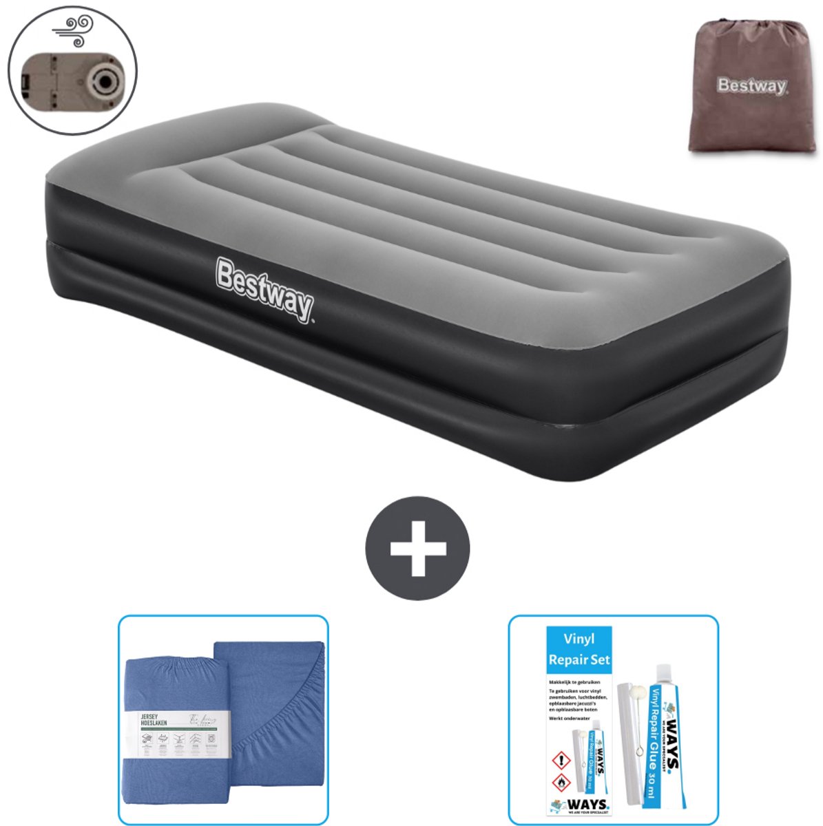 Bestway luchtbed - 1-Persoons - 97 x 191 x 46 cm - Grijs - Inclusief pomp - Hoeslaken en Reparatieset