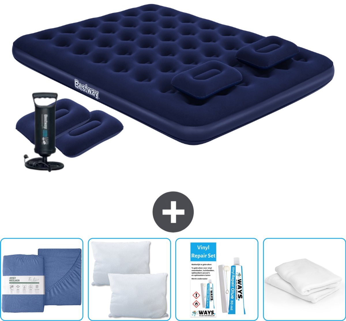 Bestway luchtbed - 2-Persoons - 152 x 203 x 22 cm - Blauw - Inclusief handpomp - kussens - Hoeslaken - Kussen - Kussenbeschermer en Reparatieset