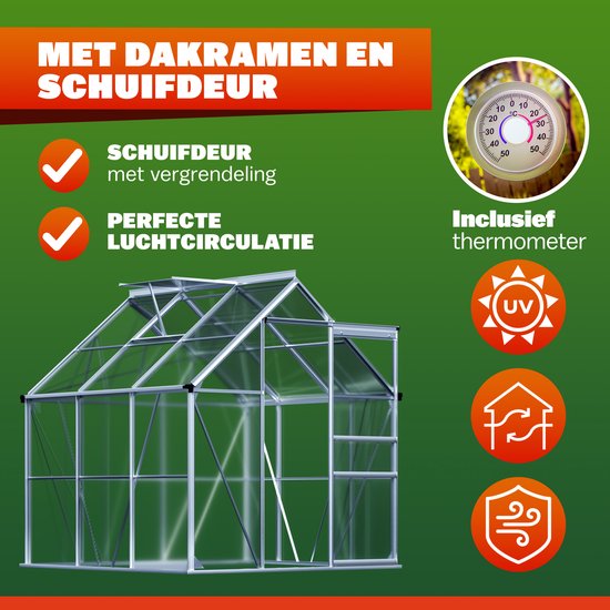 Glazen kas met aluminium frame, schuifdeur, dakramen en thermometer. Perfecte luchtcirculatie.