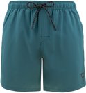 Short de bain bleu-vert avec ceinture élastique, cordon noir et logo sur la jambe droite.