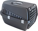 Zwarte reismand Savic Trotter met ventilatieopeningen en witte tralies aan de voorkant.