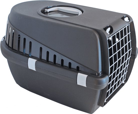 Zwarte reismand Savic Trotter met ventilatieopeningen en witte tralies aan de voorkant.