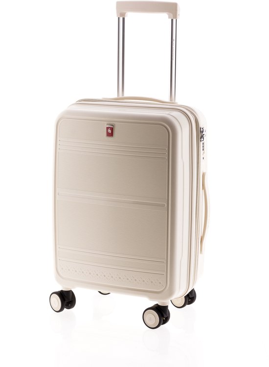Witte koffer met horizontale ribbels en een decoratieve rand aan de onderkant.