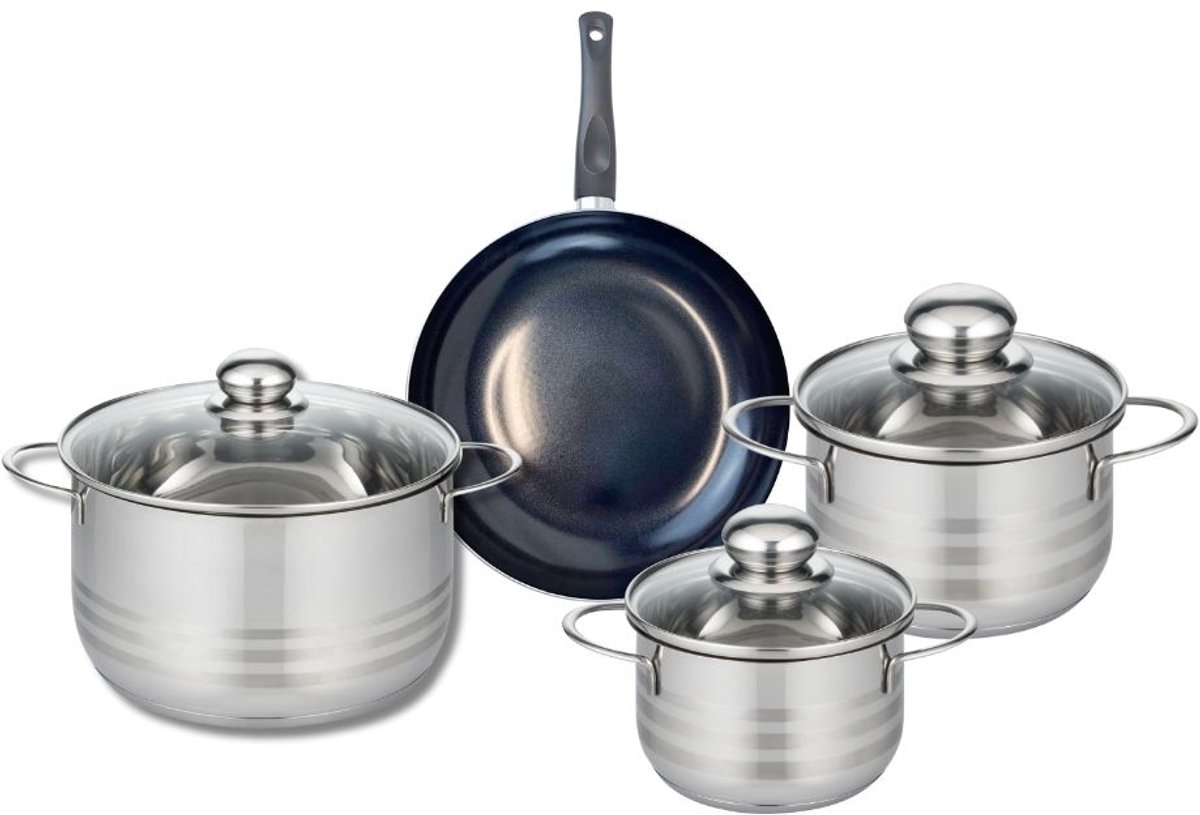 Set van 1 Koekenpan 20 cm en 3 kookpotten 14, 16 en 20 cm Elo Prima Glanzend