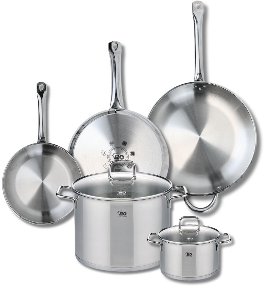 Set van 3 Kookpannen 24, 28 en 32 cm en 2 braadpannen 16 en 26 cm Elo Profi Citrin