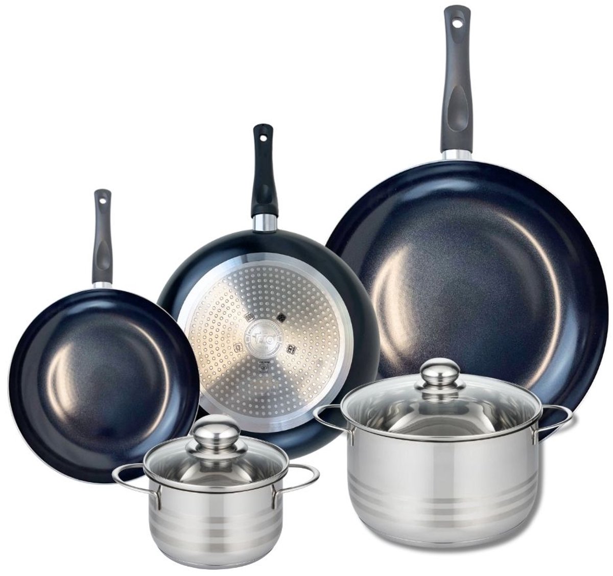 Set van 3 Kookpannen 20, 24 en 32 cm en 2 braadpannen 14 en 20 cm Elo Prima Glanzend