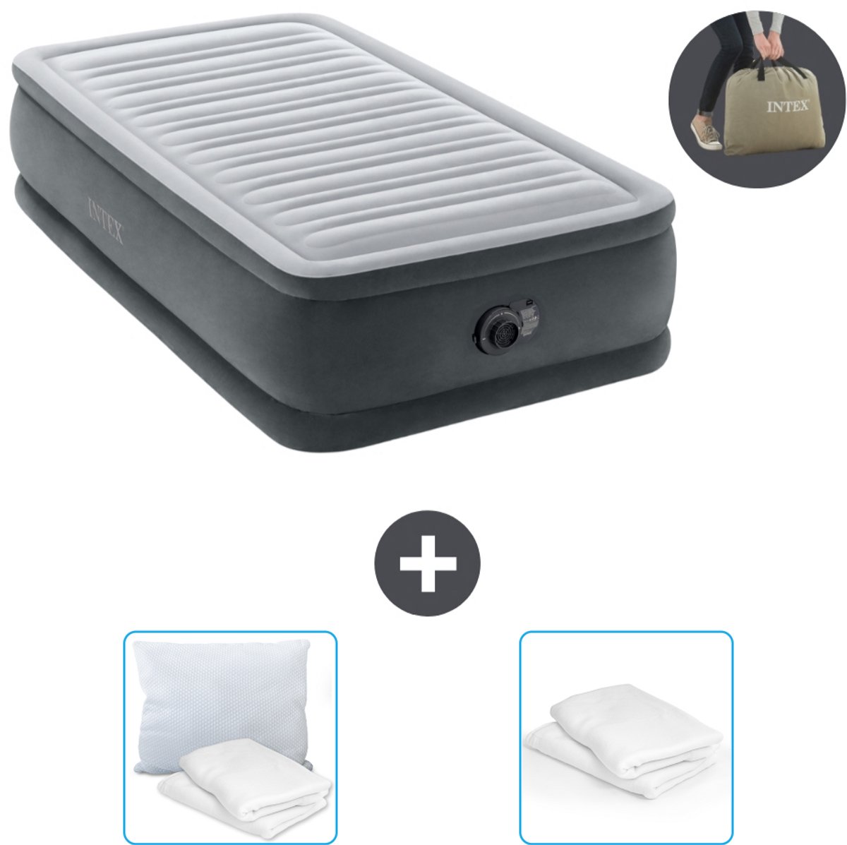 Intex Luchtbed - 1-Persoons - 99 x 191 x 46 cm - Grijs - Inclusief pomp - Kussen en Kussenbeschermer