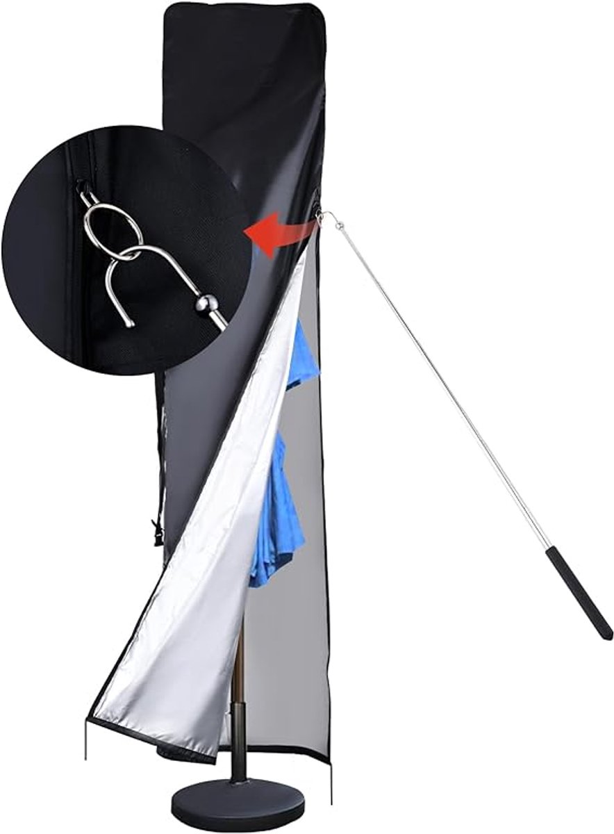 Famanu Waterdichte terrasparasolhoes voor buiten met ventilatieopening, duwstang, waterdichte rits, parasolhoes, outdoor parapluhoes past op 2,5 tot 35,5 cm tuinparaplu's en 25 cm dubbelzijdige Zwart