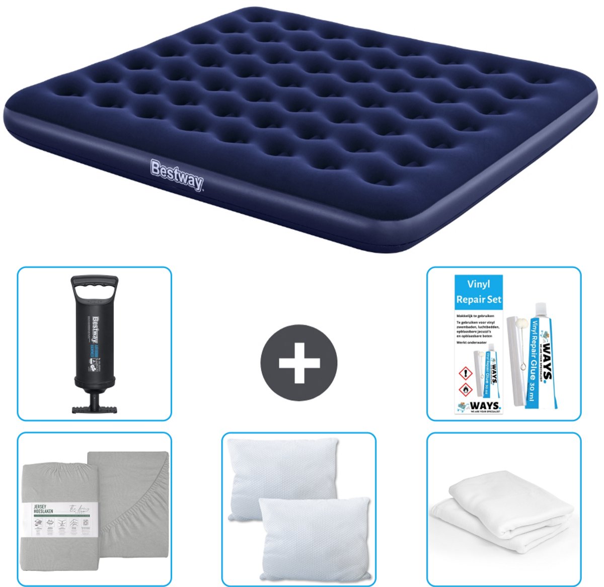 Bestway luchtbed - 2-Persoons - 183 x 203 x 22 cm - Blauw - Inclusief Hoeslaken - Kussen - Kussenbeschermer - Pomp en Reparatieset