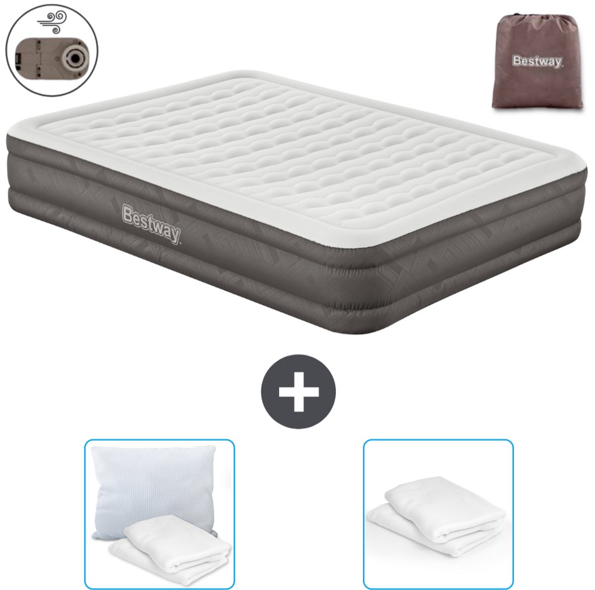 Bestway luchtbed - 2-Persoons - 152 x 203 x 36 cm - Bruin - Inclusief pomp - Kussen en Kussenbeschermer