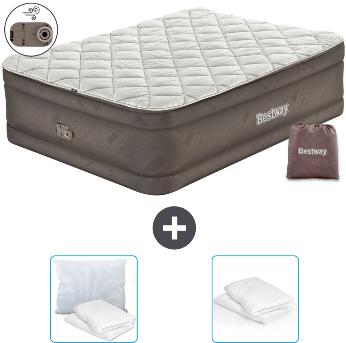 Bestway luchtbed - 2-Persoons - 152 x 203 x 51 cm - Bruin - Inclusief pomp - Kussen en Kussenbeschermer