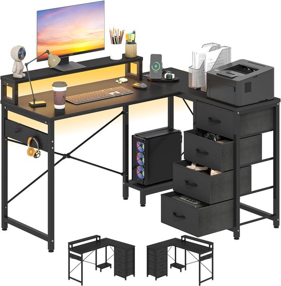 ODK Hoekbureau, L Vormig Bureau met 2 USB-laadpunten en 2 Stopcontacten, Omkeerbaar