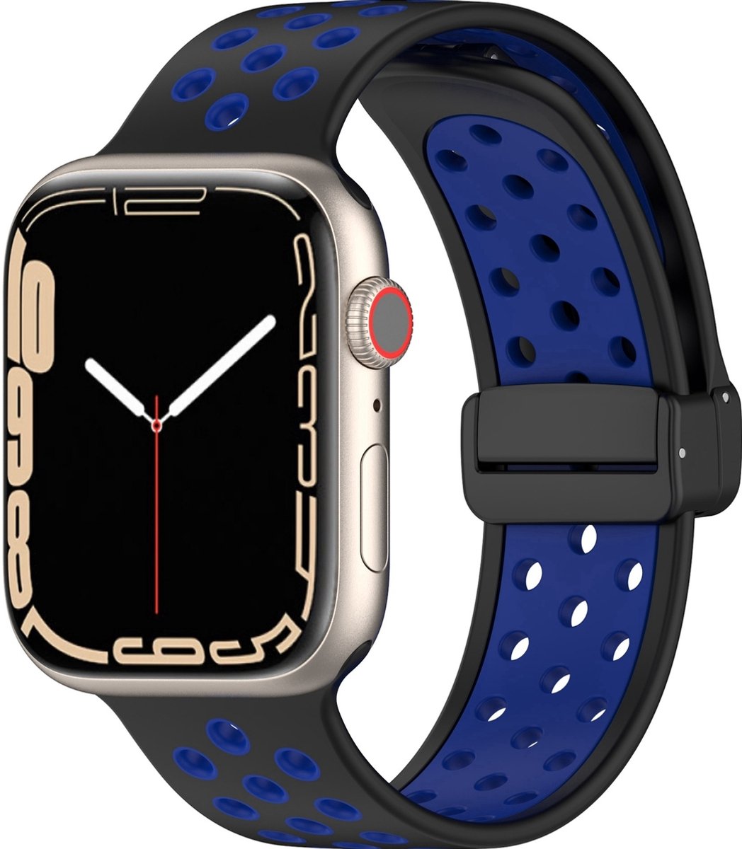 Mobigear Siliconen Watch bandje geschikt voor Apple Watch Bandje Magneetsluiting | Mobigear Sport Plus Mag - 42/41/40/38 mm - Zwart / Blauw