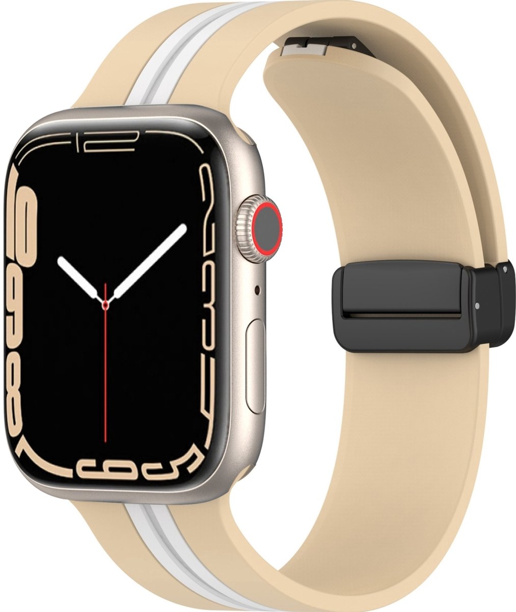Mobigear Siliconen Watch bandje geschikt voor Apple Watch Bandje Magneetsluiting | Mobigear Stripe Mag - 42/41/40/38 mm - Wit / Beige