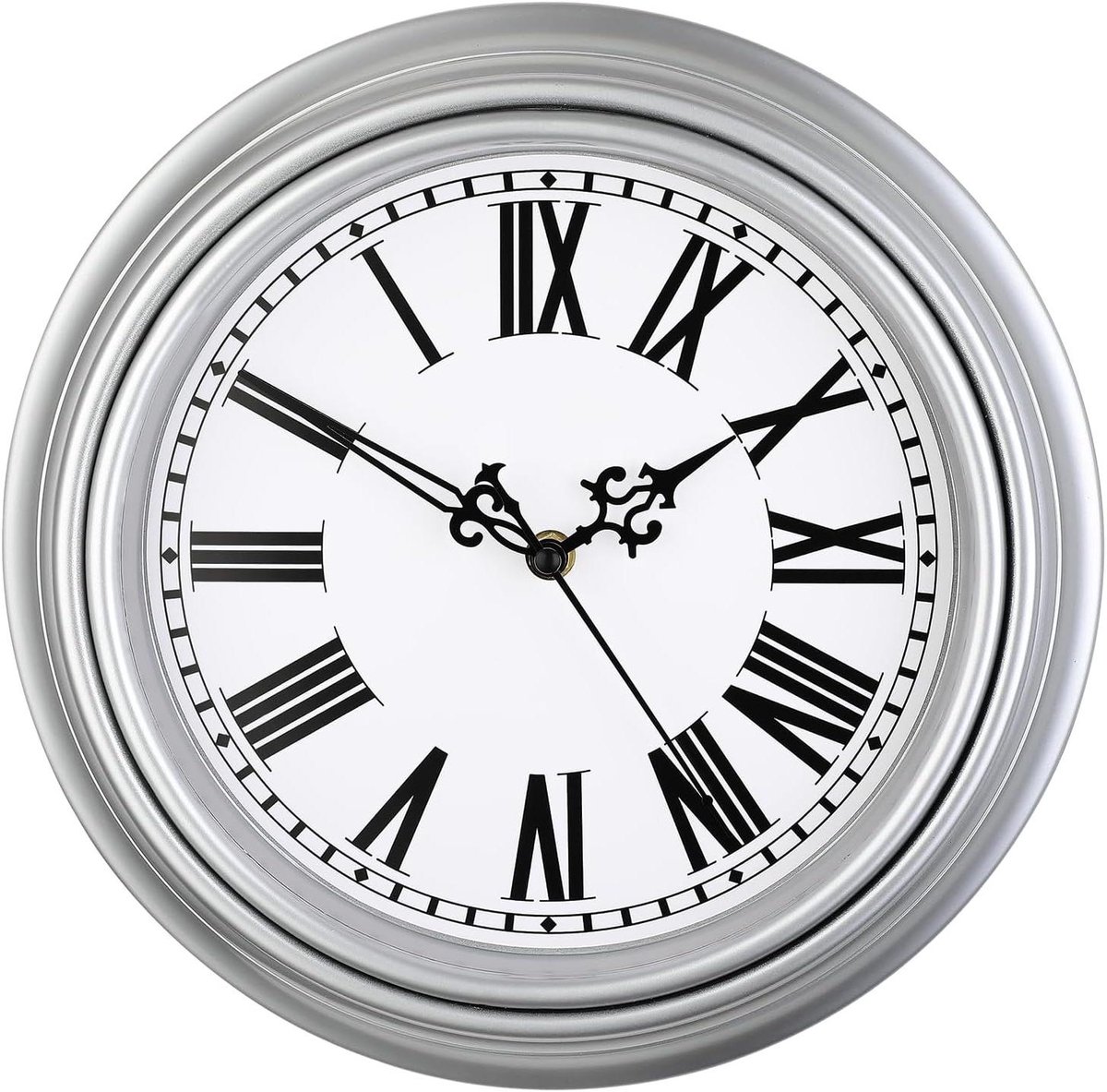 Kleine retro wandklok 10 '' niet-tikkende klassieke stille vintage wandklokken decoratieve keuken woonkamer slaapkamer Romeinse cijfers werkt op batterijen zilver.