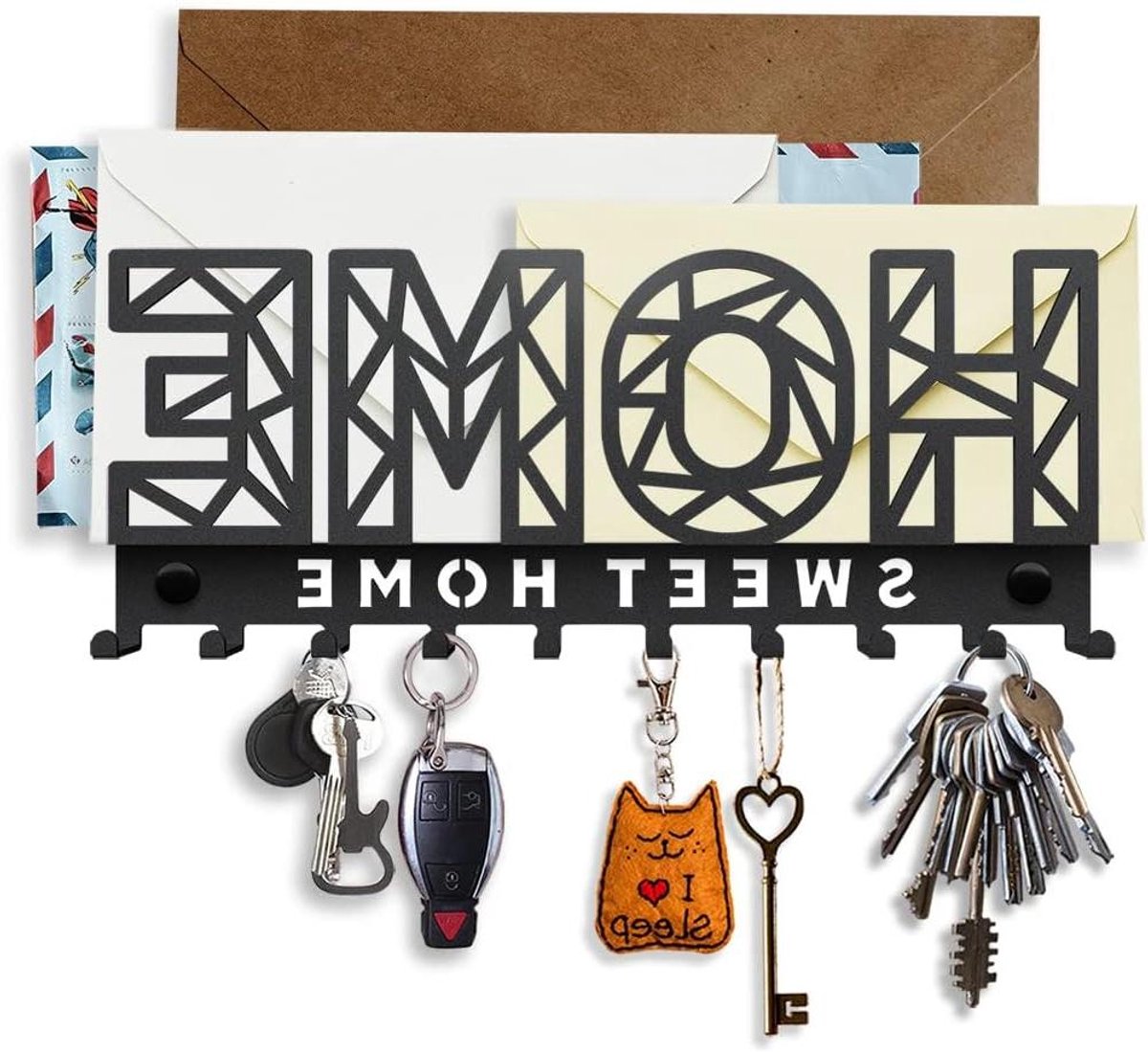 Home Sweet Home Aan de wand gemonteerd sleutelrekje met brievenbakje - decoratieve houder met 10 haakjes - gemakkelijk te monteren roestvrij staal zwart 275 x 115 mm.