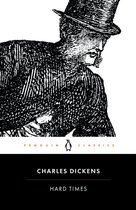 Boekomslag van 'Hard Times' door Charles Dickens, met een illustratie van een man met hoge hoed.