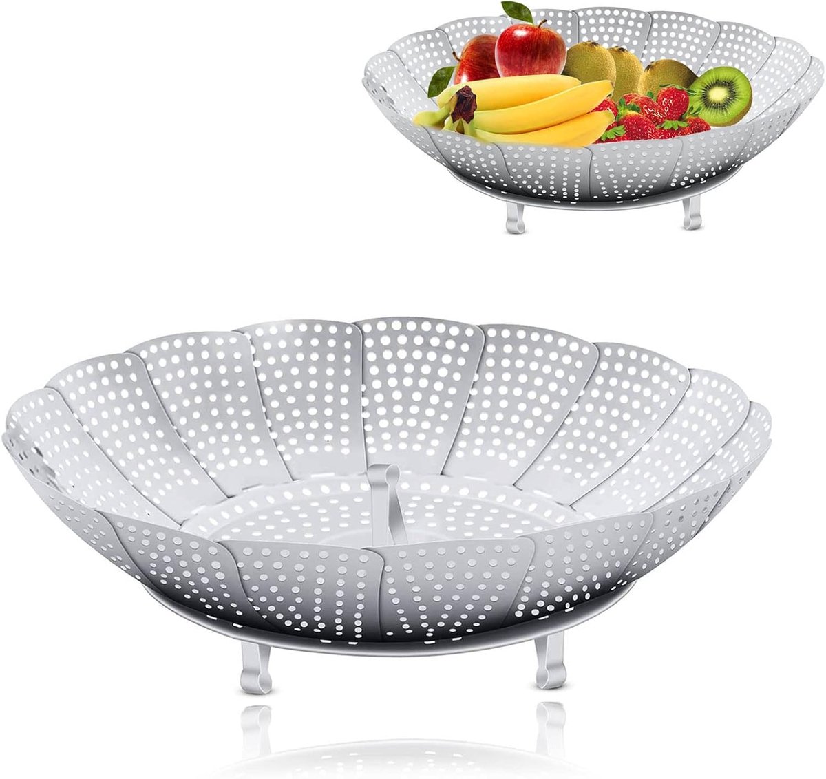 Stoompan Inzetstuk - Groentestomer Roestvrij Staal - Gezond Koken - Opvouwbaar Verstelbaar - Ø 20 cm - Zilverkleurig