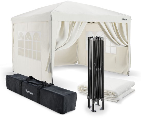 Tente de réception Tristar 3 x 3 m - PT-7803 - Montage facile - Avec parois latérales - Étanche - Sac de transport inclus - Pavillon - Pliable - Beige