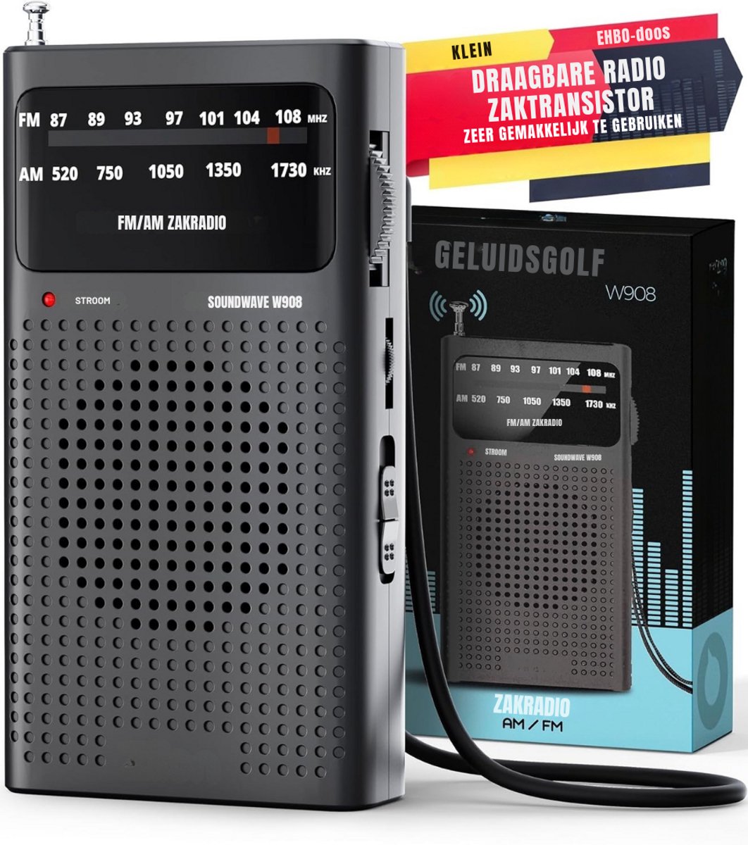 GTB® Transistor Radio Op Batterijen - Transistor Radio - Transistor Radio met Netvoeding - Zwart - 7cm x 3cm x 12cm