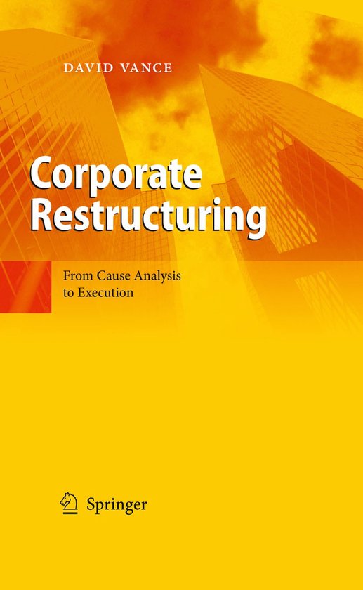 Boek "Corporate Restructuring" van David Vance, met afbeelding van wolkenkrabbers en de tekst "From Cause Analysis to Execution".