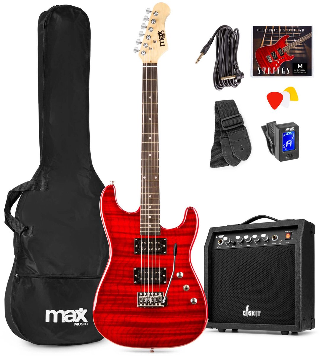 Max GigKit Superstrat Elektrische gitaar met 40 Watt versterker en accessoires - Donker Rood