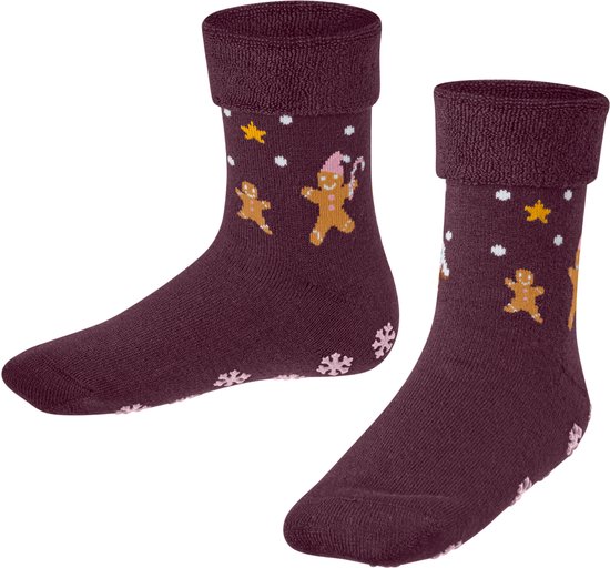 Donkerrode sokken met kerstprint: gingerbreadmannen, sneeuwvlokken en sterren. Antislipzolen met FALKE-logo.