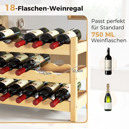 GIANTEX Wijnrek voor 12 flessen, wijnflessenhouder met 2 niveaus, 62 x 24 x 25 cm, bamboe rek, voor keuken, eetkamer, bar en kelder (natuur