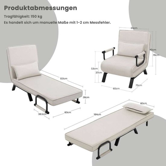 Slaapstoel Ted, 3-in-1 slaapbank met armleuning, bedfunctie