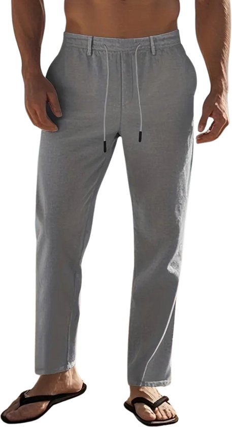 Pantalon en lin Livano pour homme - Pantalon d'été - Adultes - Pantalon long - Pantalon de plage - Été - Style Ibiza - Grijs - Taille S