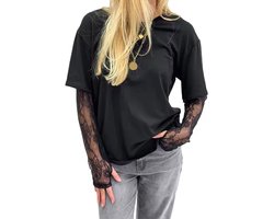 Dames Shirt Mode - Zwart - Kanten Mouwen - Doorschijnend - Zomer - Tshirt