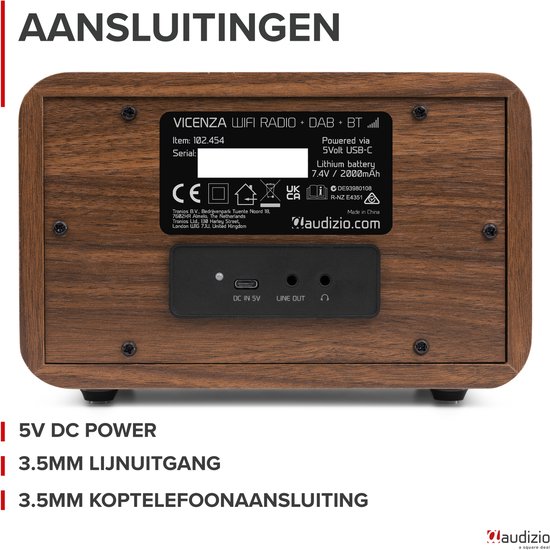 Achterkant radio met aansluitingen: DC IN 5V, LINE OUT, koptelefoonaansluiting. Antenne uitgeschoven.