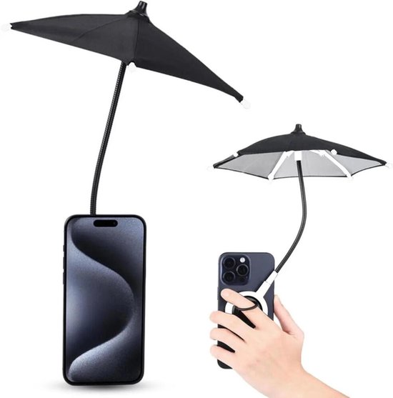Magnetische Telefoon Paraplu - Compatibel met MagSafe - Smartphone Zonnescherm voor Buiten - Flexibele Houder tegen de Zon - 360° Verstelbare Ringhouder - Ideaal voor bij het strand of zwembad - Zwart