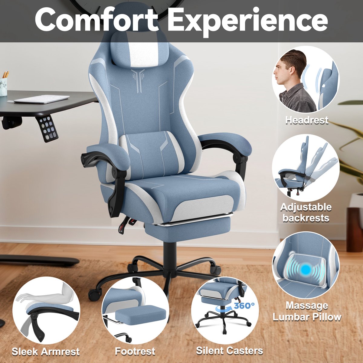 NAIZY Gamingstoel met Massagefunctie en Voetensteun Blauw - afbeelding 3