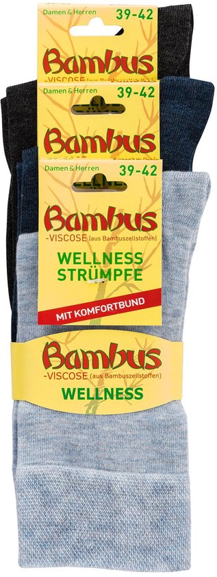 Drie verpakkingen met bamboe sokken, 39-42, zwart, donkerblauw en grijs, met 'Wellness Strumpfe' tekst.