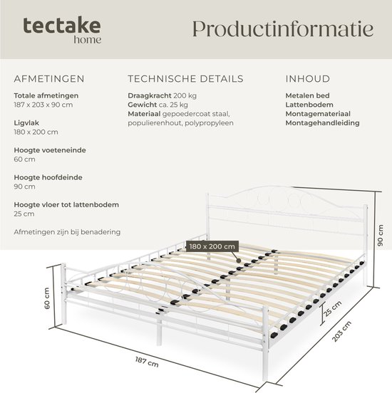 tectake - Lit lit métal „Sonno“ avec sommier à lattes - 180x200cm - blanc - 404518